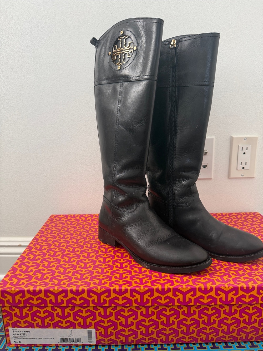 Tory Burch Black Leather Tall Riding Boots with Gold Logo